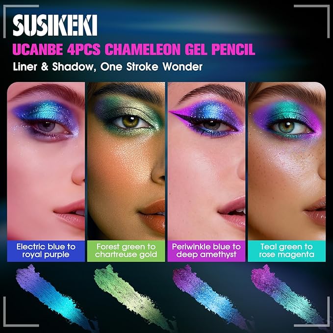 4PCS Chameleon Metallic Eyeshadow & Eyeliner Gel Pencil Set – Multichrome Shifting Colors Glitter Eye Makeup, Waterproof Long-Lasting Smudge-Proof Duochrome Pencil for Multi-Dimensional Looks
