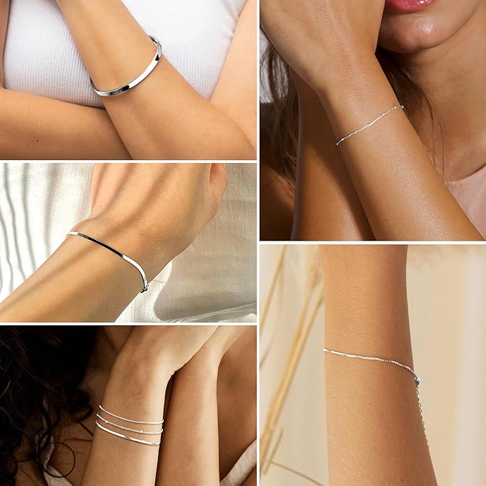 Dainty Thin Gold Bracelet for Women Stack, 14K Gold Plated Bracelet Stackable Set with Bangle Cuff, Box, Herringbone, Paperclip, Figaro, Sparkling Link Chains, Simple Waterproof Non Tarnish Minimalist Gifts for Women Trendy