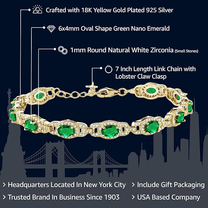 Gem Stone King 18K Yellow Gold Plated Silver Oval Gemstone Birthstone Tennis Bracelet For Women | Oval 6X4MM | 7 Inch With 1 Inch Extender | Fine Jewelry Gifts for Her Mom Women Wife