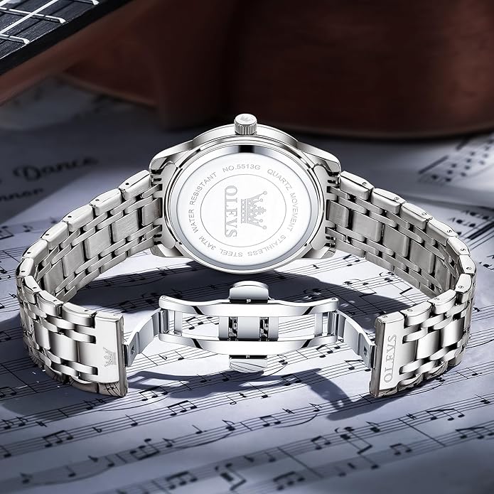 OLEVS Men's Stainless Steel Watch, Large Face Roman Numerals Diamond Accented Three-Hand Analog Quartz Watches for Men, Easy to Read Day Date Waterproof Luminous Mens Wristwatch
