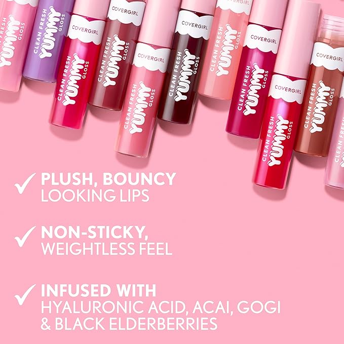 COVERGIRL Clean Fresh Yummy Lip Gloss, Sunrise Blush, Hydrating, Non-Sticky, Hyaluronic Acid, Glassy Shine, 0.33oz
