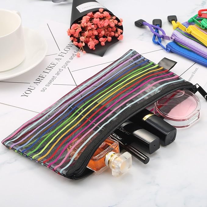 Bememo 12 Pieces 6 Colors Zipper Mesh Pouch Multipurpose Travel Bag for Cosmetics Offices Supplies Travel Accessories