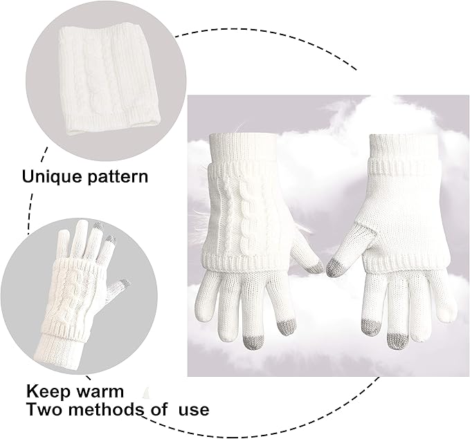 Winter Hat Gloves Scarf Set for Women, Cable Knit Beanie Pom Cap Touch Screen Glove Long Scarf 3PCS Winter Gift for Women Men