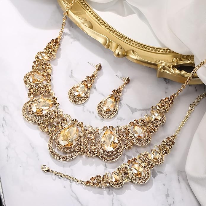 BriLove Women's Teardrop Crystal Statement Necklace Cluster Hollow Dangle Earrings Chain Bracelet Bib Jewellery Set for Wedding Bride Bridesmaid