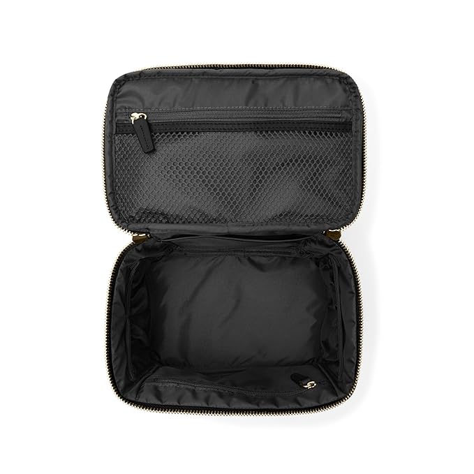 Leatherology Black Onyx Small Train Case – Full-Grain Leather Travel Cosmetic Bag with Water-Resistant Lining, Zippered & Open Pockets, Compact Beauty Organizer