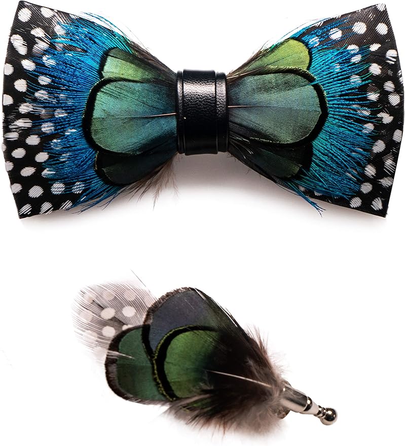 RBOCOTT Handmade Feather Pre-tied Bow tie and Brooch Sets for Men