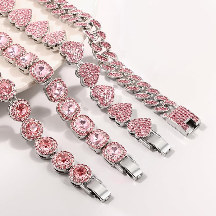 4PCS Gold Bracelets for Women Silver Clustered Tennis Bracelet for Women Heart Round Diamond Cuban Bracelet Layered Link Bracelet Set Fashion Jewelry for Women Set
