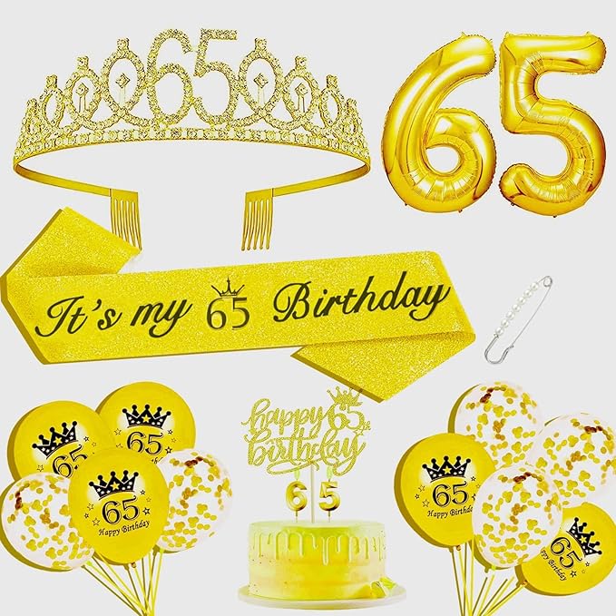 65th Birthday Decorations for Her Girls Set, Include 65th Birthday Crown and 65 Sash, 65th Birthday Cake Topper and 65 Birthday Candles, Gold 65 Balloons, Women 65th Party Supplies(Gold)