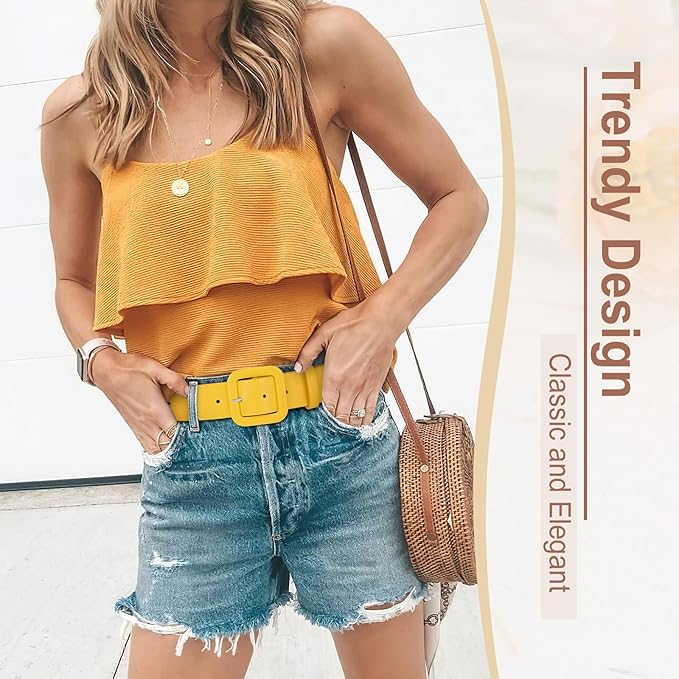WHIPPY Women Leather Belt Candy Color Fashion Square Buckle Belt Ladies Belt for Jeans Pants Dresses