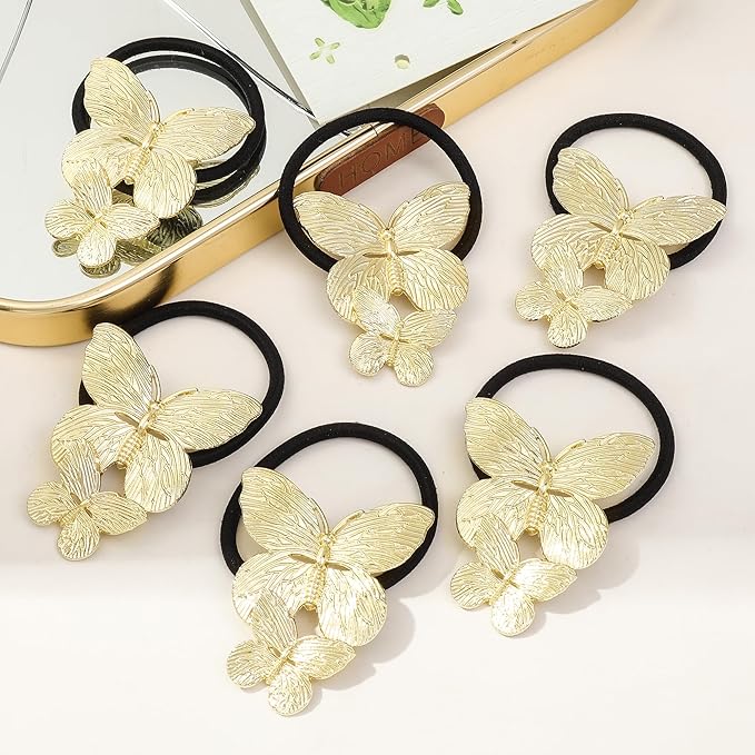 Gold Metal Hair Ties for Women - Cuffs, Accessories, Elastic Bands, Ponytail Cuff, Butterfly Ties for Thick and Thin Hair