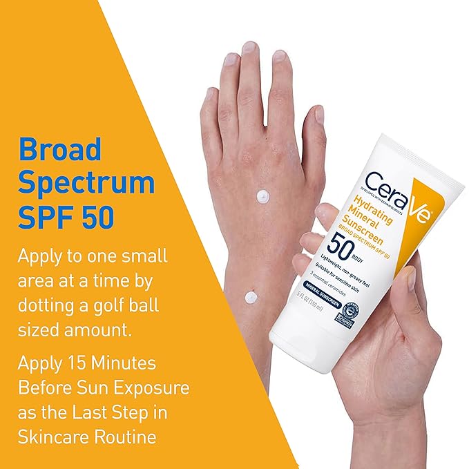 CeraVe 100% Mineral Sunscreen SPF 50 with Zinc Oxide & Titanium Dioxide, Hyaluronic Acid & Ceramides, Oil Free & Non-Greasy, Hydrating Mineral Sunscreen For Body, 5 oz