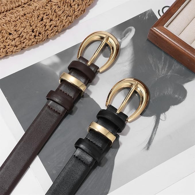 Women's Cow Leather Belt for Jeans Pants Fashion Ladies Skinny Dress Waist belt with Gold Buckle