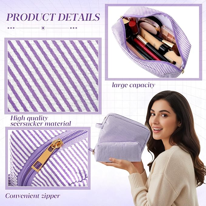 Sanwuta 2 Pcs Makeup Bag Set Seersucker Cosmetic Bag for Women Cute Stripe Travel Toiletry Organizer Aesthetic Preppy Storage Pouch for Girls Wedding Bridesmaid Valentine's Day Gifts(Purple)