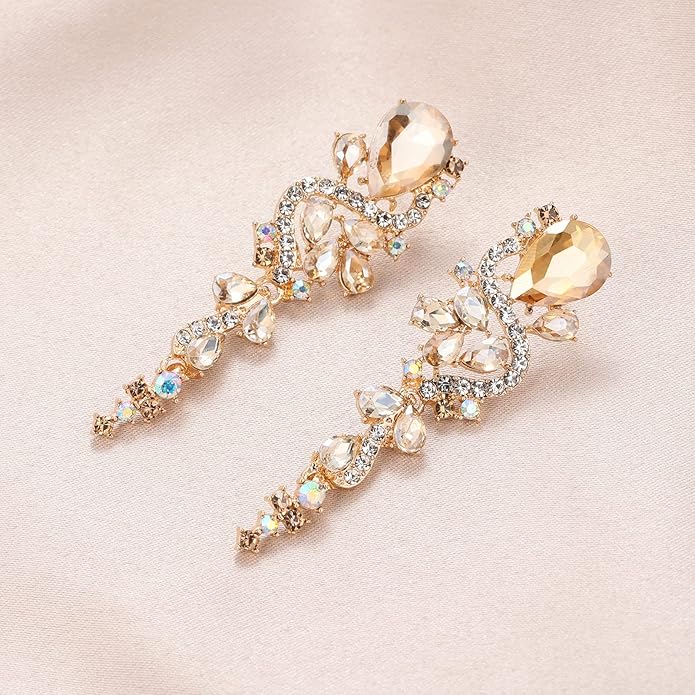 Fashion Rhinestone Statement Drop Dangle Earrings Long Colorful Crystal Bridal Wedding Teardrop Chandelier Earrings for Women Prom Pageant