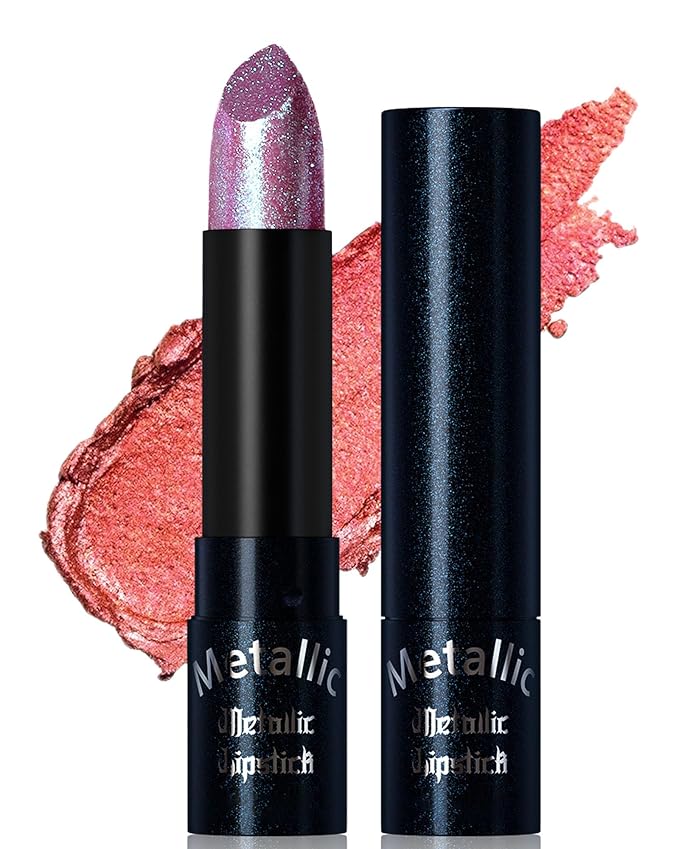 Glitter Metallic Lipstick Shimmer Lip Stick Long Lasting,Rose Red Diamond Cream Shimmer Nude Tinted Lip Gloss High Pigmented,Metallic Matte Red Lipcolor Stain Women Christmas Non Stick Lips Makeup-03