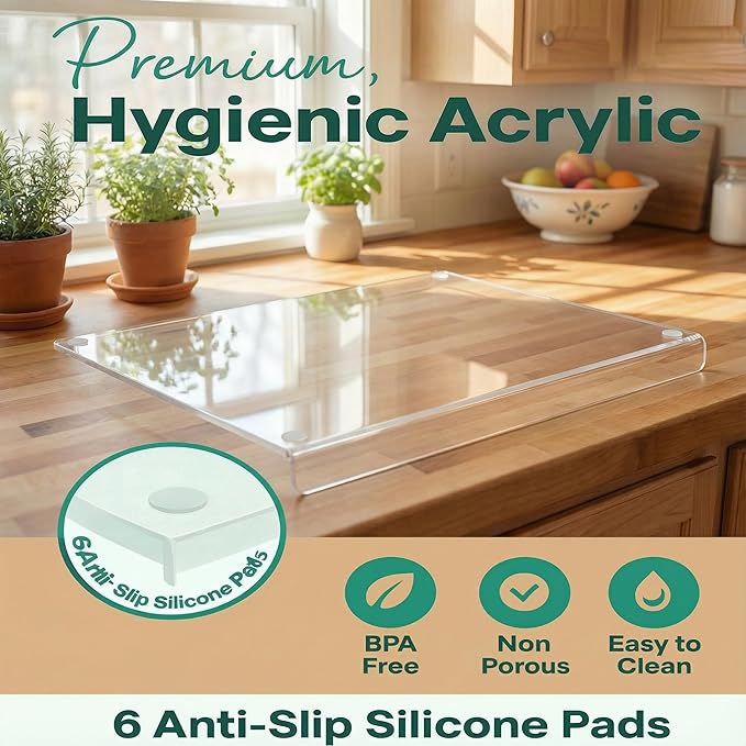 Acrylic Cutting Board with Counter Lip – Clear Countertop Cutting Board for Kitchen Prep, Easy Food Transfer, Non-Slip Pads, Dishwasher-Safe – 17" x 13"