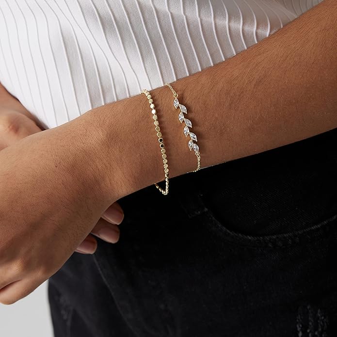 MIDEEO Bracelets for Women Dainty Layered Herringbone Twisted Rope Chain Bracelets Set Layering Dot CZ Leave Beaded Bracelets Dainty Cubic Zirconia Tennis Chain Bracelet Jewelry Gifts