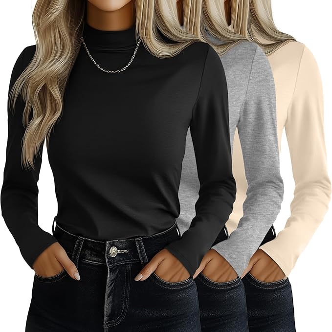 Ficerd 3 Pack Women's Mock Turtleneck Shirts, Long Sleeve Mock Neck Pullover Tops Slim Fitted Stretch Undershirt Tee Blouse