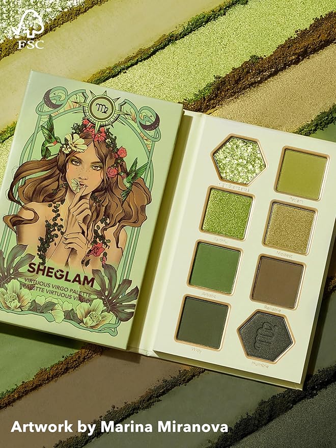 SHEGLAM Glitter Metallic Eyeshadow Palette 8-Color High Pigment Green Gold Long Wearing Horoscope Collection Eye Shadow Palette - Virtuous Virgo