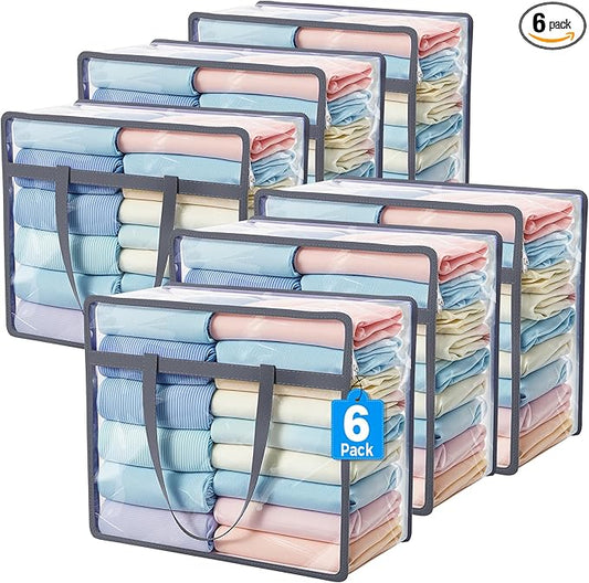 Budding Joy 6 Pack Clear Zippered Storage Bags for Clothes,40L Closet Organizers and Storage Containers Vinyl Moving Bag for Bedding, Linen, Blankets, Comforters, Clothing & Toys, Grey