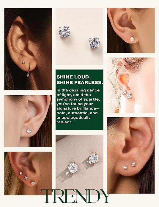 Kainier Women's 14K Gold Plated CZ Stud Earrings Simulated Diamond Round Cubic Zirconia Ear Stud Set（5 Pairs)…