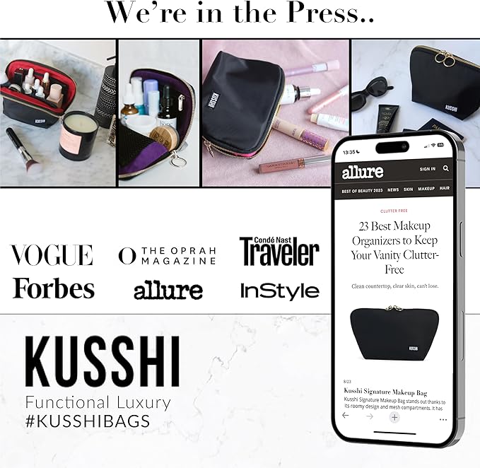 KUSSHI Washable Travel Makeup & Cosmetic Bag - Brush Organizer Sold Separately (Signature, Navy/Mint)