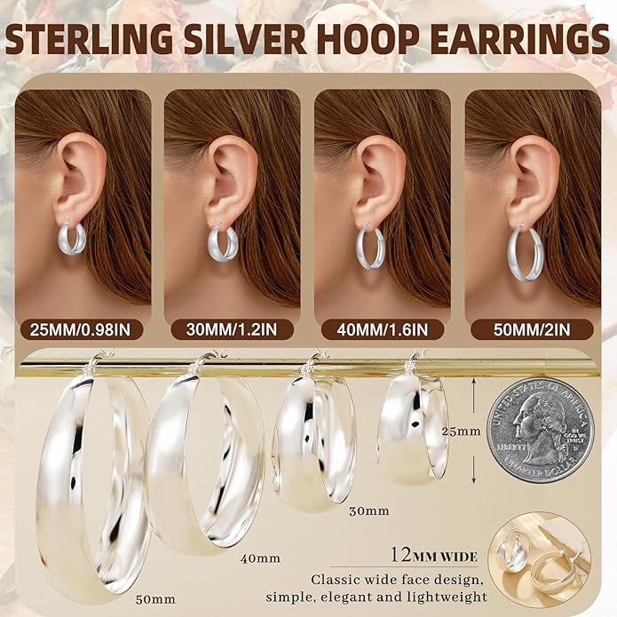Senteria 12mm Wide Thick Hoop Earrings 925 Sterling Silver Hoop Earrings for Women Hypoallergenic 14K Real Gold Plated Hoops Large Earring Lightweight Chunky Hoops Earring for Women 25/30/40/50MM