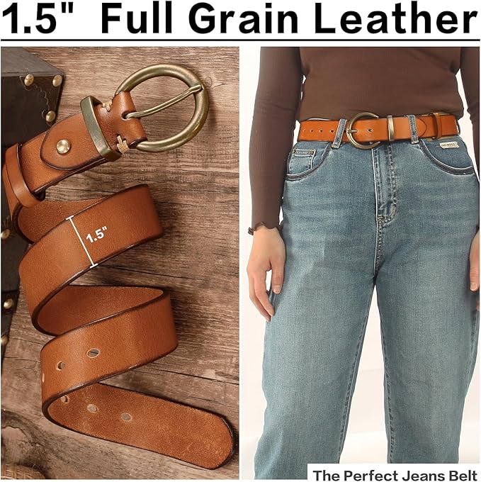Women's 1.5 inch Leather Belt with Large Brass Buckle - Trendy Vintage Style for Jeans and Pants
