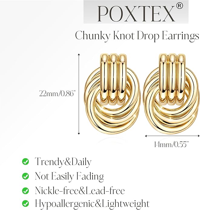 Gold Plated Statement Chunky Dangle Stud Earrings for Women, Gold Plated Hoop Knot Claw Earrings Tarnish Free Jewelry for Women Gifts