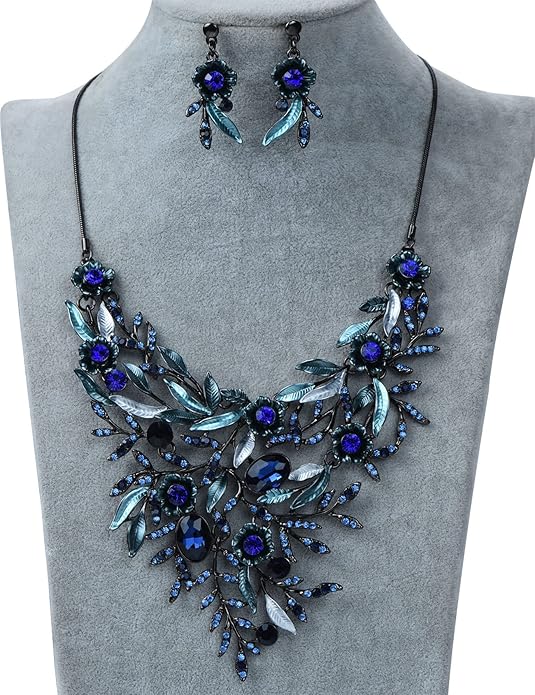 Vintage Women Beautiful Crystal Flower Enamel Blossom Flower Collar Bib Statement Necklace and Earrings Set for Women Wedding Bridal Prom