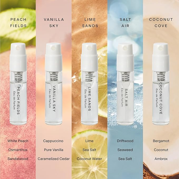 Skylar Eau de Parfum Discovery Spray Sampler Gift Set - Hypoallergenic & Clean Perfume for Women & Men- Peach Fields- Vanilla Sky, Lime Sands, Salt Air, Coconut Cove - 5 1.5mL Spray Bottles