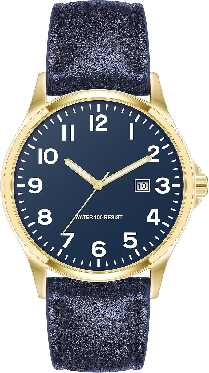 Amazon Essentials Men's Easy to Read 42mm Leather Band Analog Watch