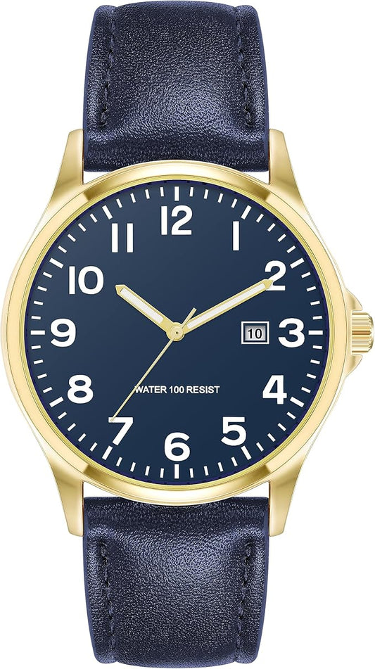 Amazon Essentials Men's Easy to Read 42mm Leather Band Analog Watch