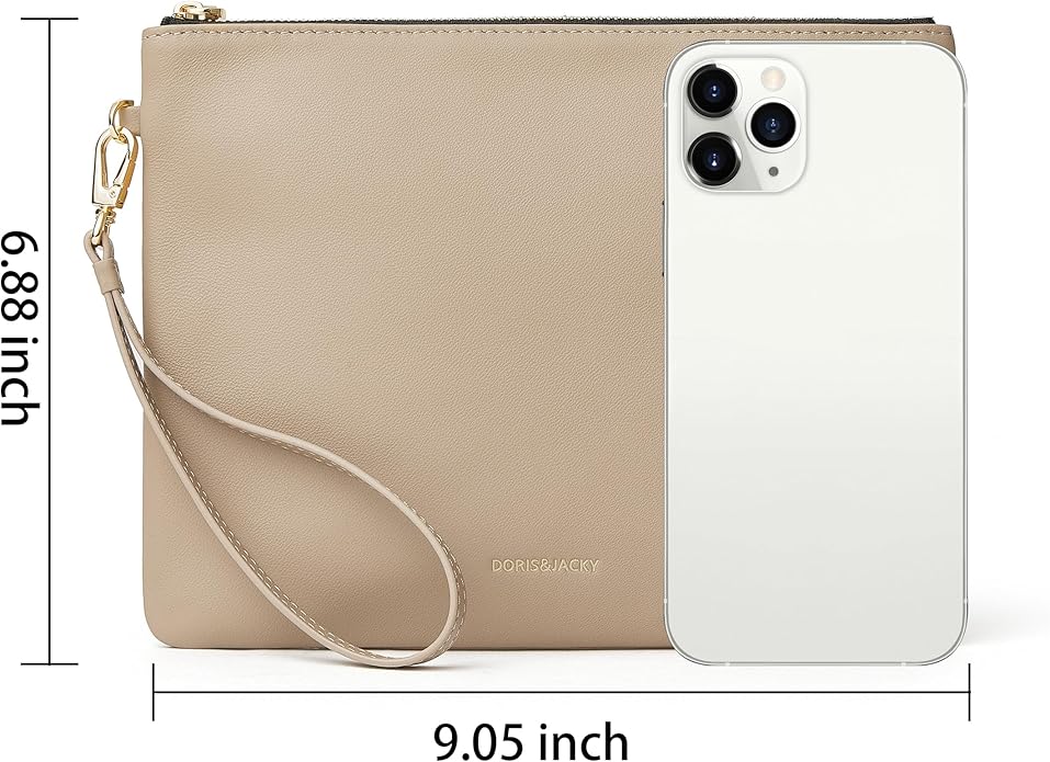 DORIS&JACKY Lambskin Leather Wristlet Clutch Purse for Women Soft Designer Slim Cell Phone Pouch Bag with Detachable Strap