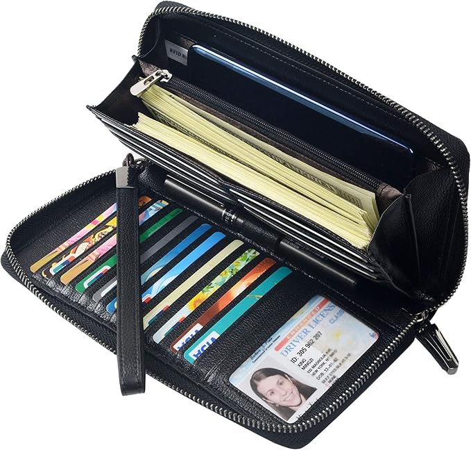 Women's Genuine Leather RFID Blocking Zip Around Wallet with Phone Pocket Large Capacity Travel Wristlet (Black)