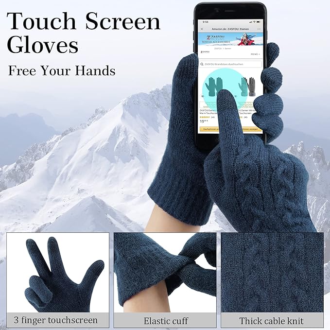 Womens Winter Beanie Hats Long Scarf Touchscreen Gloves Set Warm Knit Skull Caps Gifts for Women