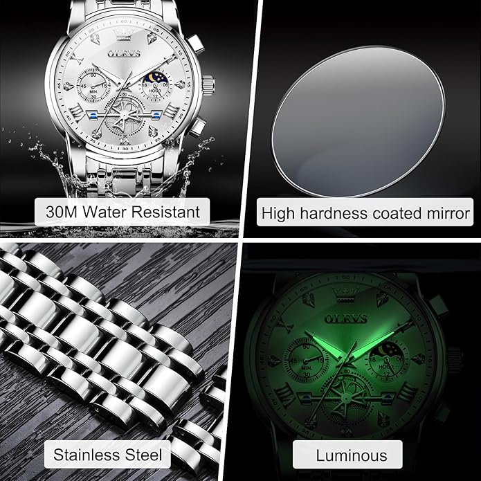 OLEVS Men Watches Stainless Steel Chronograph Watch, Large Wrist Analog Quartz Watch, Fashion Waterproof Diamond Roman Numerals Dress Watches for Men, Gold/Black/White/Blue/Grey Dial