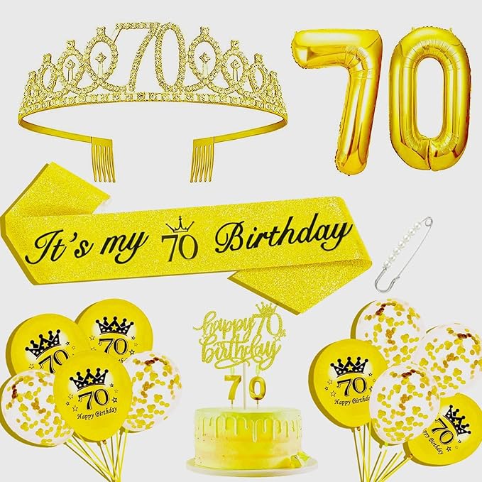 70th Birthday Decorations for Her Girls Set, Include 70th Birthday Crown and 70 Sash, 70th Birthday Cake Topper and 70 Birthday Candles, Gold 70 Balloons, Women 70th Party Supplies(Gold)