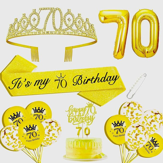 70th Birthday Decorations for Her Girls Set, Include 70th Birthday Crown and 70 Sash, 70th Birthday Cake Topper and 70 Birthday Candles, Gold 70 Balloons, Women 70th Party Supplies(Gold)