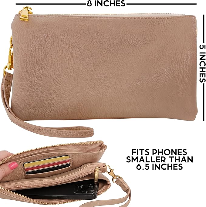 Vegan Leather Wristlet Purse for Women - Small Clutch Purse with Shoulder and Wrist Straps
