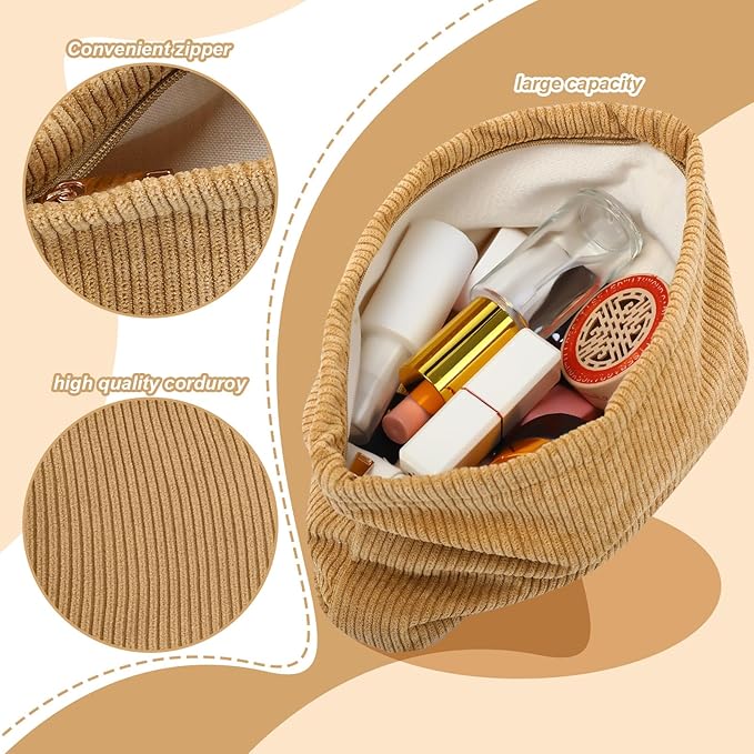 Sanwuta 3 Pack Corduroy Makeup Bag Set Cosmetic Toiletry Travel Pouch Organizer Velvet Makeup Bag for Women Large Pouch Zipper Purse Make up Organizer, Women Girls Gift(Khaki)