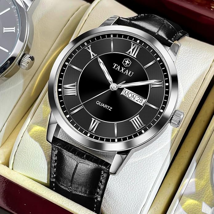 Leather Band Mens Watches with Day Date Quartz Analog Large Face Classic Watch Roman Numerals Dress Luminous Rlojes para Hombres