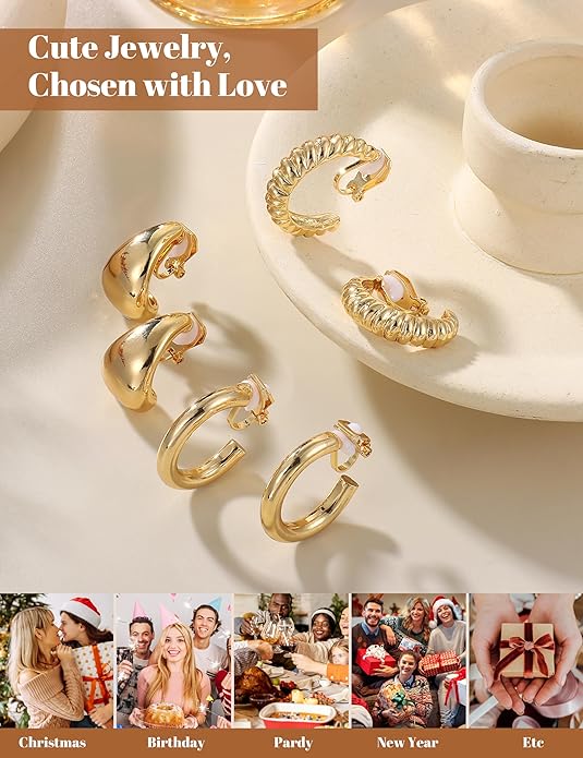 BESTEEL 3Pairs Clip on Earrings for Women Trendy Hypoallergenic 14K Gold Plated Chunky Tube Croissant Waterdrop Clip-on Hoop Earrings Set Fake Jewelry Non Pierced Ears