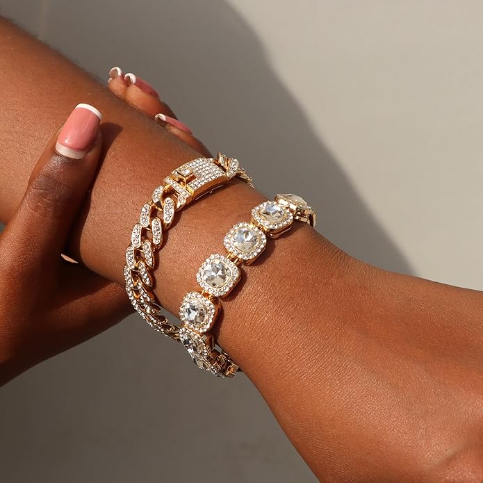 4PCS Gold Bracelets for Women Silver Clustered Tennis Bracelet for Women Heart Round Diamond Cuban Bracelet Layered Link Bracelet Set Fashion Jewelry for Women Set