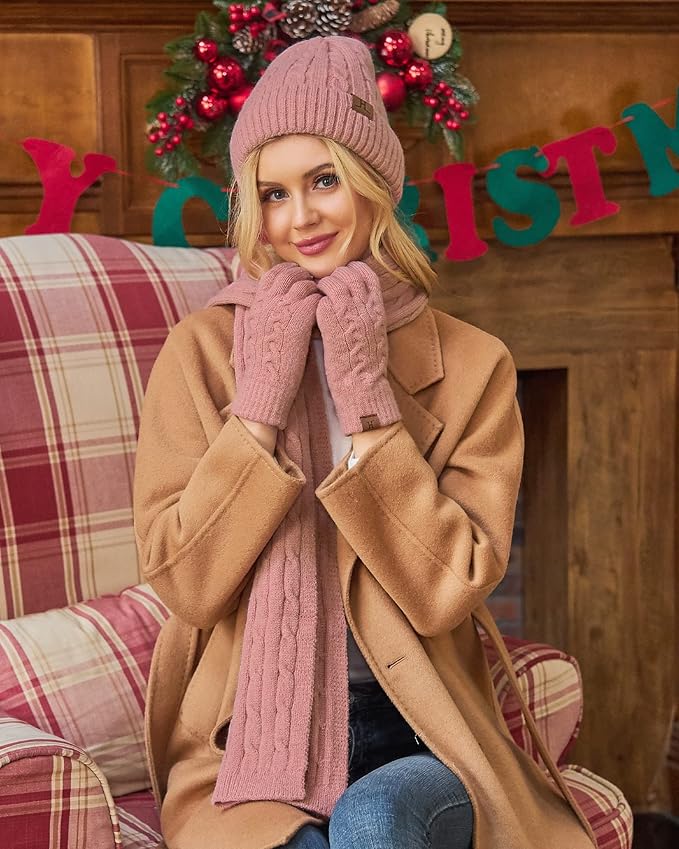 Womens Winter Beanie Hats Long Scarf Touchscreen Gloves Set Warm Knit Skull Caps Gifts for Women