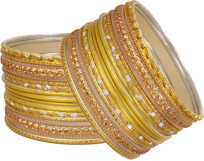 Touchstone Indian Metal Bangles for Women Gold Alloy Bracelets desi 2 Dozen Bangle Collection Bollywood Women's Jewelry Set Multi Stacking Wide Chunky Textured Golden Set of 24 in Gold or White Tone