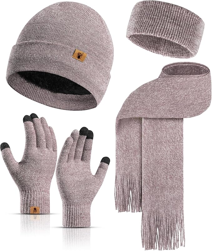 Winter Warm Beanie Hat Touchscreen Gloves Long Scarf Set for Women with Headband, Knit Cap Scarves with Tassel for Women