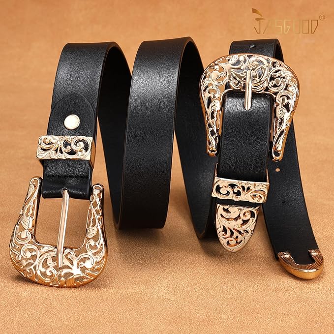 JASGOOD Double Buckle Western Belts For Woman Cowgirl Country Belt Vintage Black Leather Belt For Jeans Pants Dresses