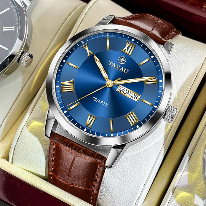 Leather Band Mens Watches with Day Date Quartz Analog Large Face Classic Watch Roman Numerals Dress Luminous Rlojes para Hombres