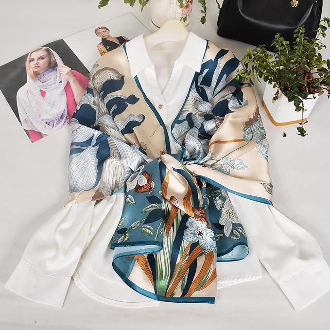 100% Mulberry Silk Scarf for Women Neck Oblong Headscarves Long Floral Print Lightweight Silk Wraps Shawls 67"*20"